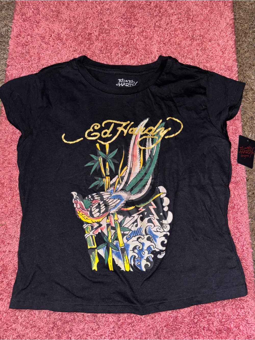 Ed Hardy Black Crop Top with Multicolor Graphic